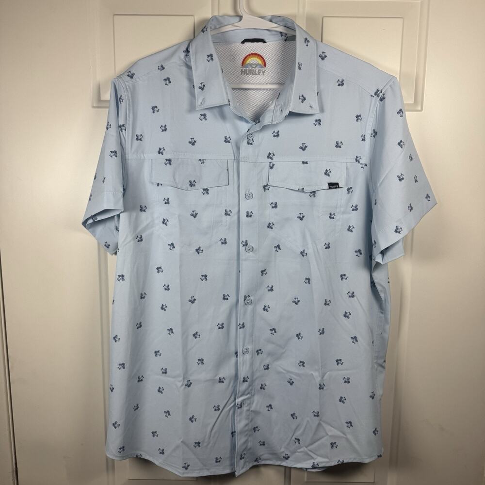 Hurley Shirt Mens Medium Blue Hawaiian Palm Tree Beach Casual Button Up Top - Picture 2 of 10